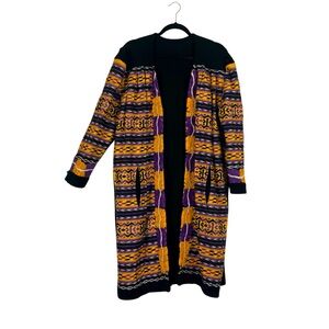 Vintage Oversized Southwestern Knit Long Cardigan Coat Purple Black & Yellow